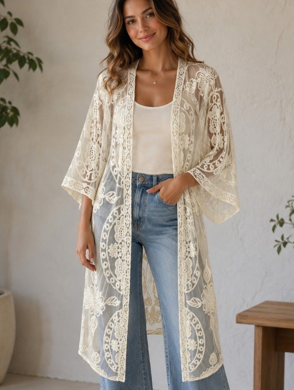 Fairy Romantic Sheer Cream Embroidered Lace Overlay Kimono Duster Boho Sz L/XL